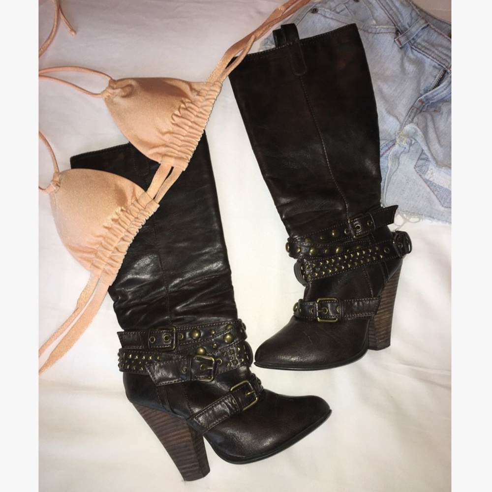 Brown Leather Studded Heeled Boots